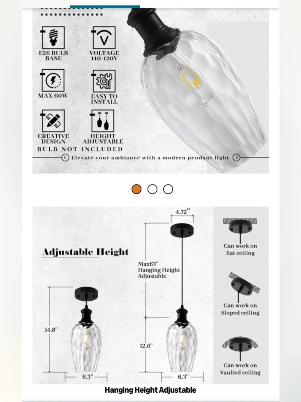 Modern Farmhouse Pendant Light Hammered Glass-BLACK (1-pack)